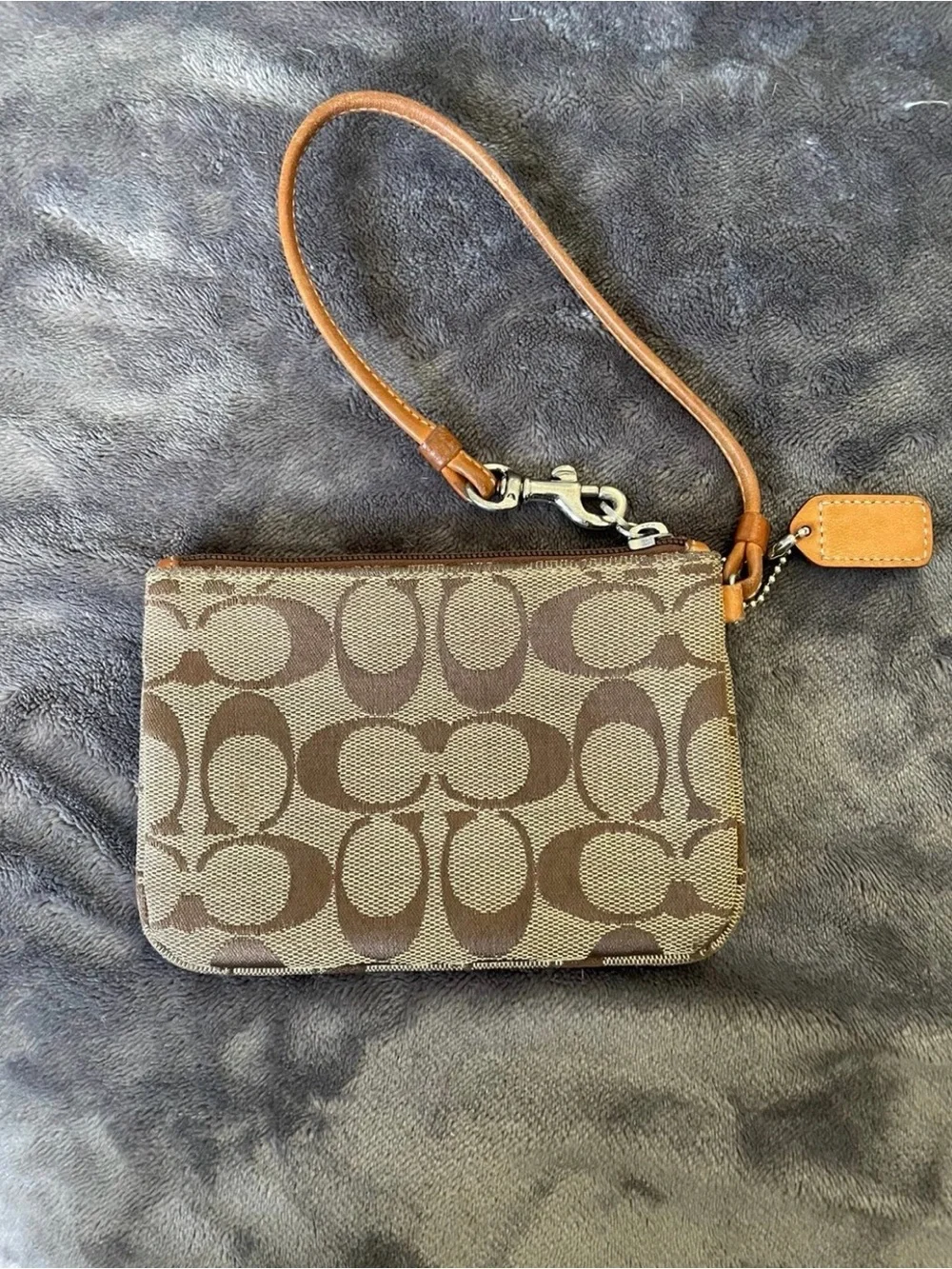 Coach Brown Signature Canvas Wristlet with Tan Leather Trim